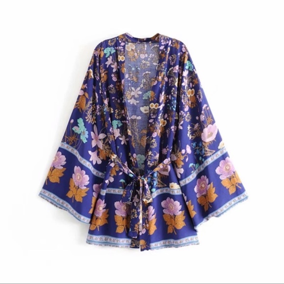 Boho Floral Print Short Kimono Belted Cover up - Picture 13 of 14